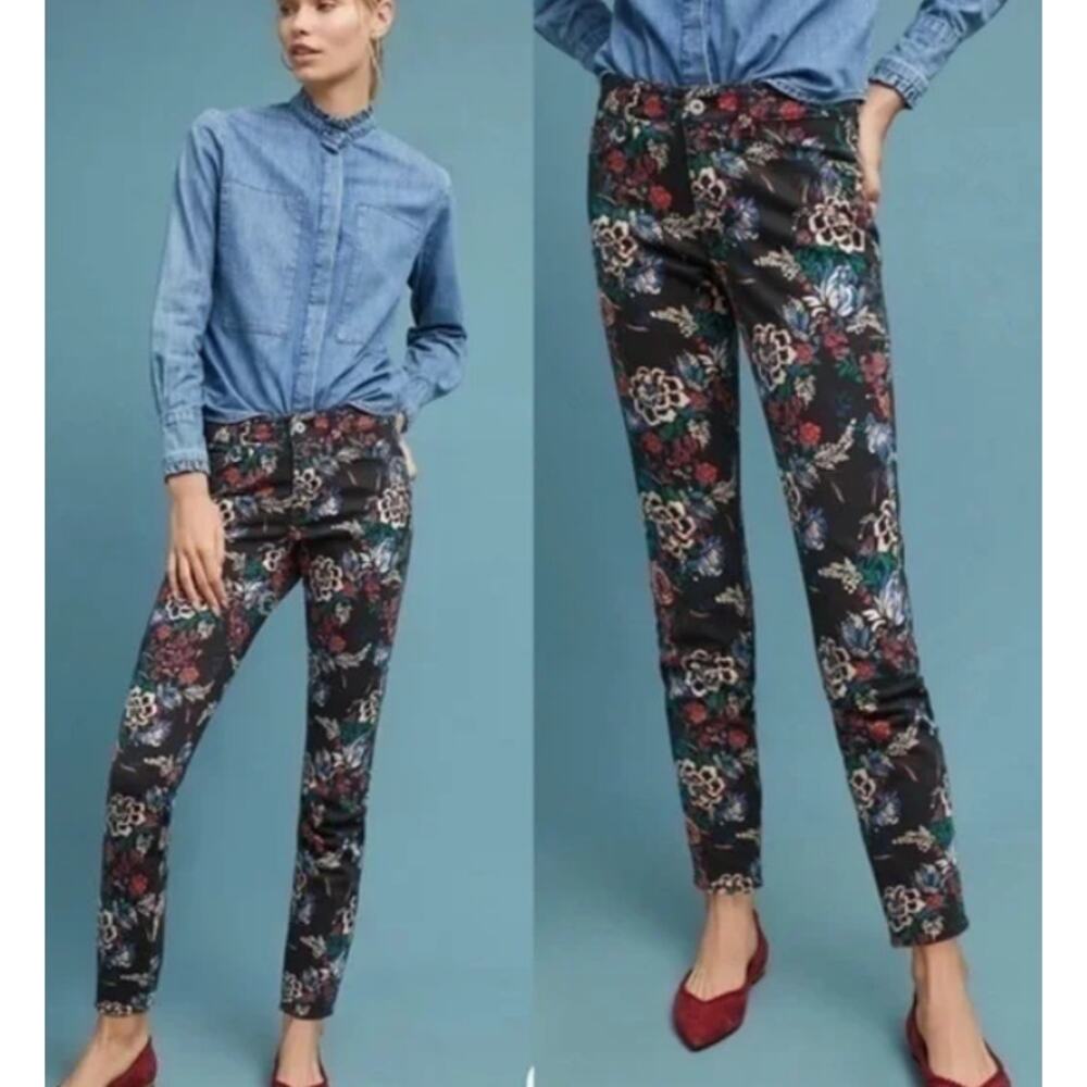 Anthropologie Pilcro Dark Black Floral Print Mid Rise Skinny Jean Pants Black 25